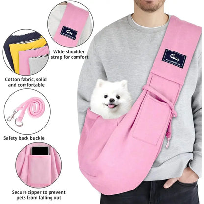 Reversible Hands-Free Pet Carrier Sling Bag for Small Dogs & Cats – Comfortable Outdoor Travel Tote, Pink, Non-Adjustable Strap