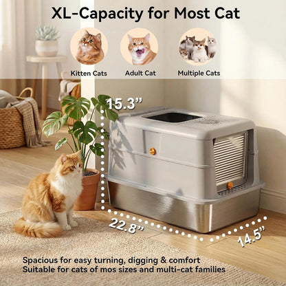 Extra Large Stainless Steel Cat Litter Box – Enclosed Odor-Control Metal Litter Box with Lid & 135° Flip-Top Covered Design.