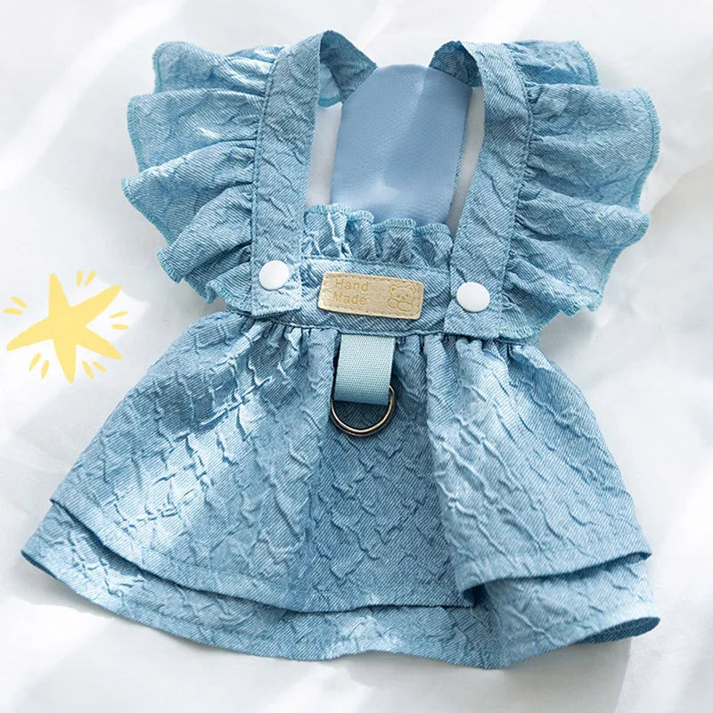 Denim Dog Dress – Blue Summer Outfit for Small Dogs & Cats, Clothing with Leash Ring & Flying Sleeves