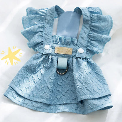 Denim Dog Dress – Blue Summer Outfit for Small Dogs & Cats, Clothing with Leash Ring & Flying Sleeves