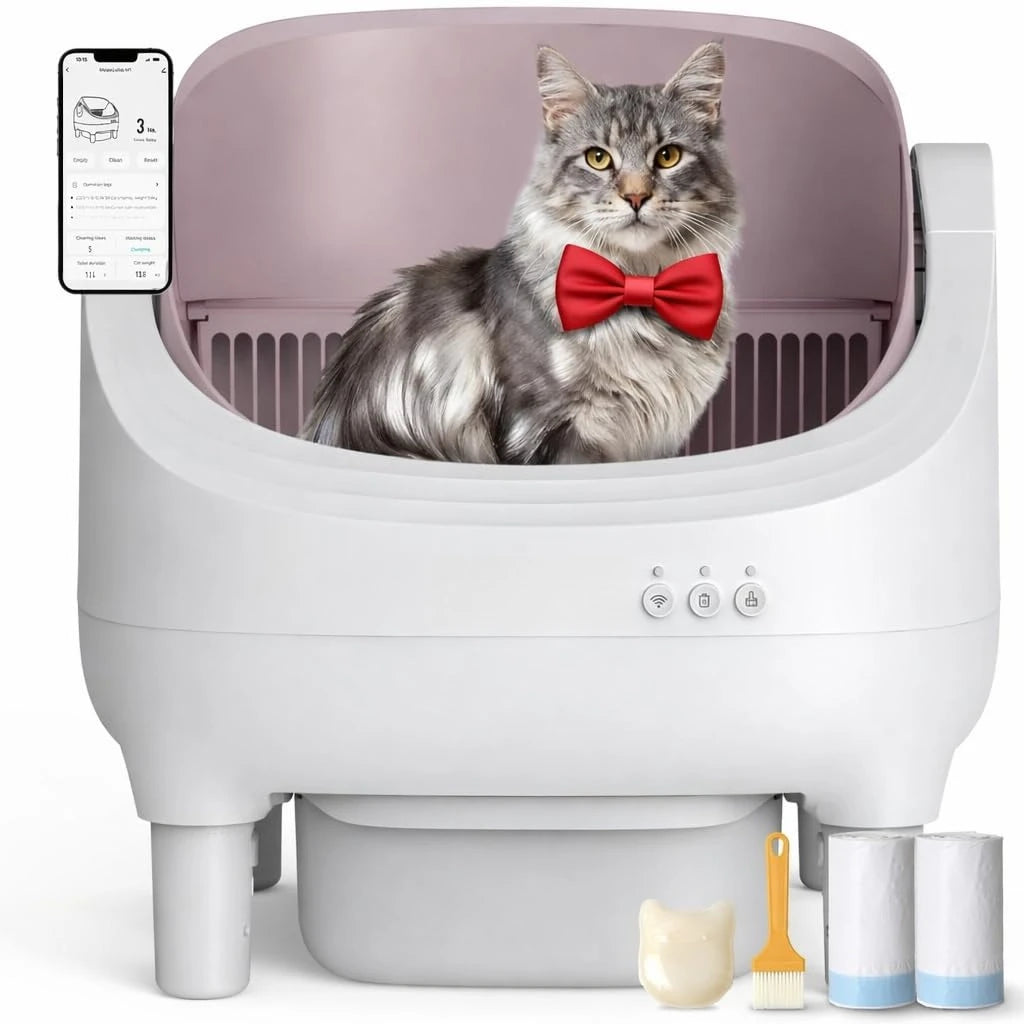 Automatic Self-Cleaning Cat Litter Box – App-Controlled Open-Top Design with Safety Sensors and Customizable Features.