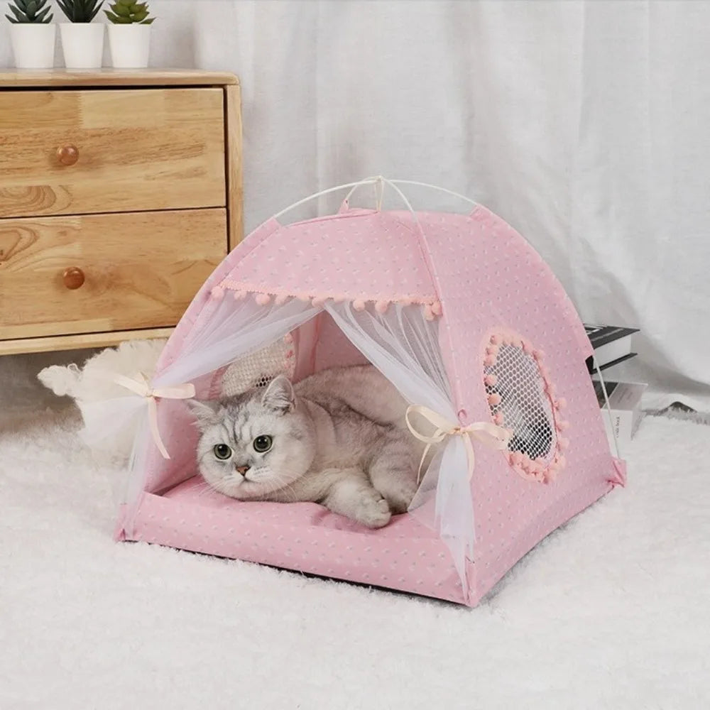 Foldable Princess Pet Tent Bed with Floral Print and Removable Cushion for Cats and Small Dogs.