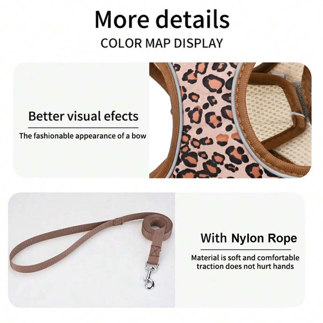 DH009 Adjustable Leopard Print Pet Harness Set – Breathable Mesh Vest Harness with 1.5m Leash, Lightweight & Skin-Friendly for Cats & Dogs.