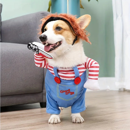 Halloween Bloody Doll Dog Costume with Wig & Knife – Funny Pet Outfit for Holiday Parties.