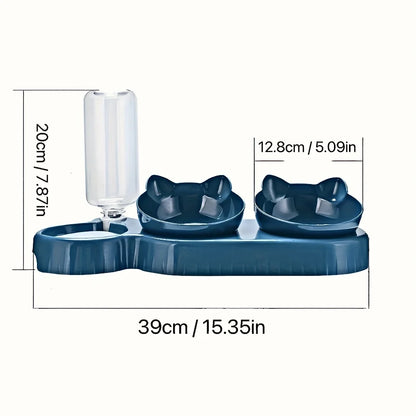 3-in-1 Tilted Pet Bowl Set – Cat Food & Water Feeder with Gravity Water Bottle, Ear-Shaped Design for Comfortable Neck Protection.