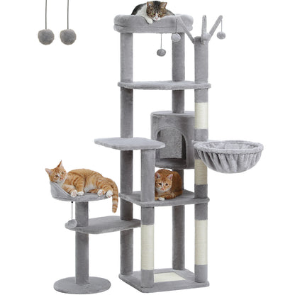 Multi-Level Cat Tree Tower – Tall Indoor Cat Condo with Scratching Posts, Hammock, Large Perches & Hanging Ball Toys for Cats.