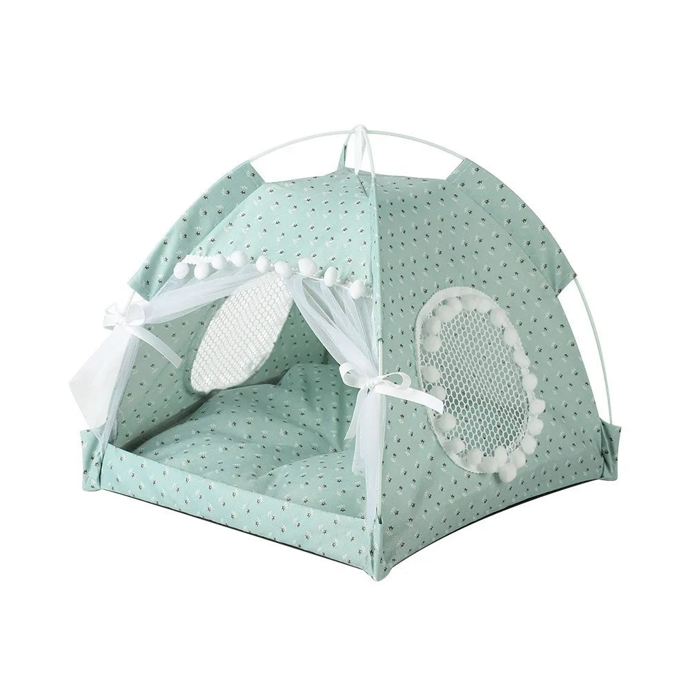 Foldable Princess Pet Tent Bed with Floral Print and Removable Cushion for Cats and Small Dogs.