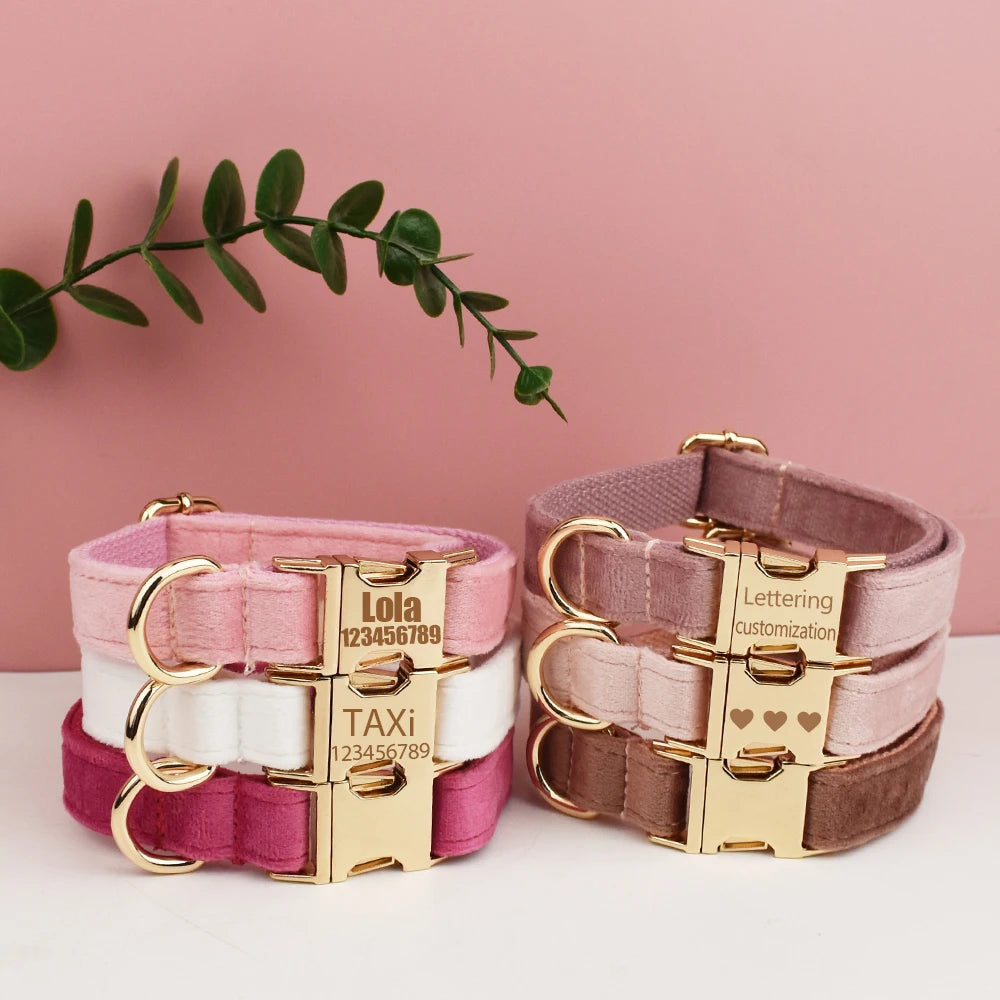 Velvet Dog Collar & Leash Set – Free Custom Engraving for Medium & Large Dogs, Stylish Pet Necklace Collar Accessory.