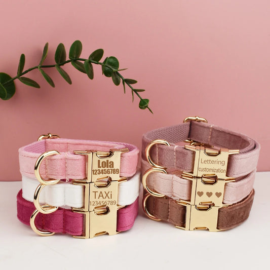 Velvet Dog Collar & Leash Set – Free Custom Engraving for Medium & Large Dogs, Stylish Pet Necklace Collar Accessory.