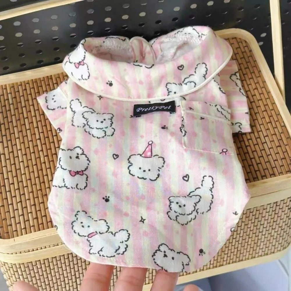 Cute Puppy Print Dog Sleepwear – Breathable Short Sleeve Home Clothes for Dogs & Cats, Soft Indoor Wear in Blue & Pink Options