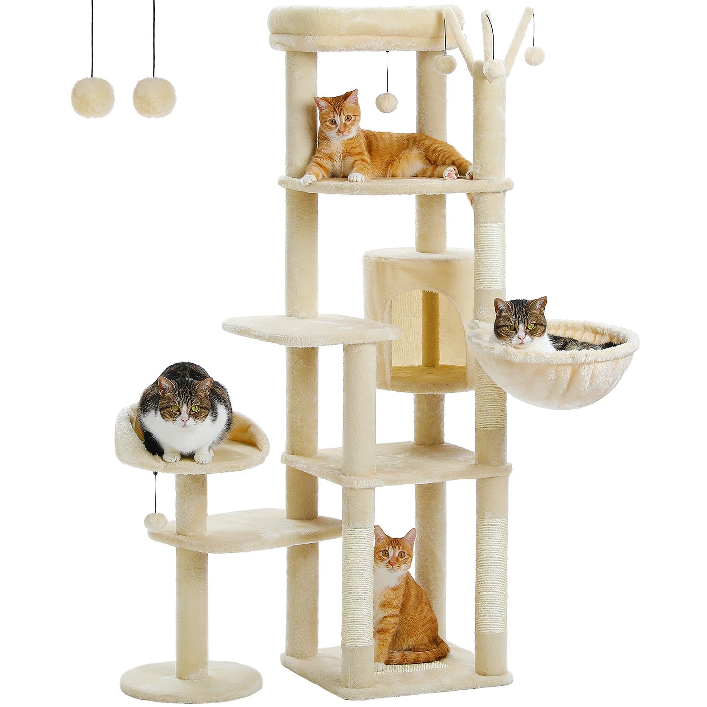 Multi-Level Cat Tree Tower – Tall Indoor Cat Condo with Scratching Posts, Hammock, Large Perches & Hanging Ball Toys for Cats.