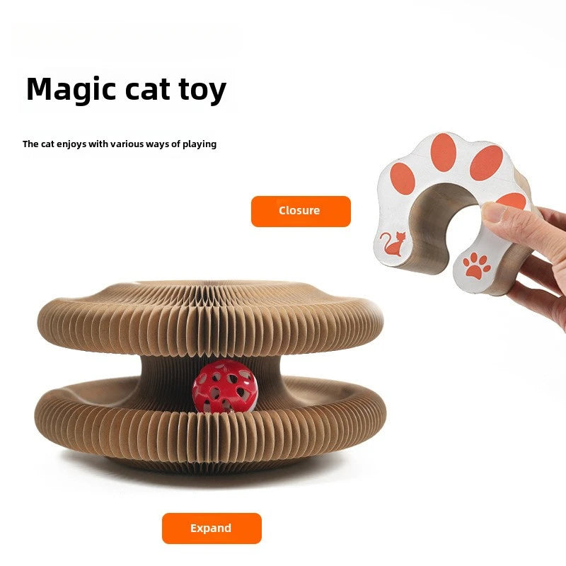 Magic Cat Scratching Board Toy – Round Corrugated Cat Scratcher with Ball Track for Claw Grinding, Play & Kitten Exercise.