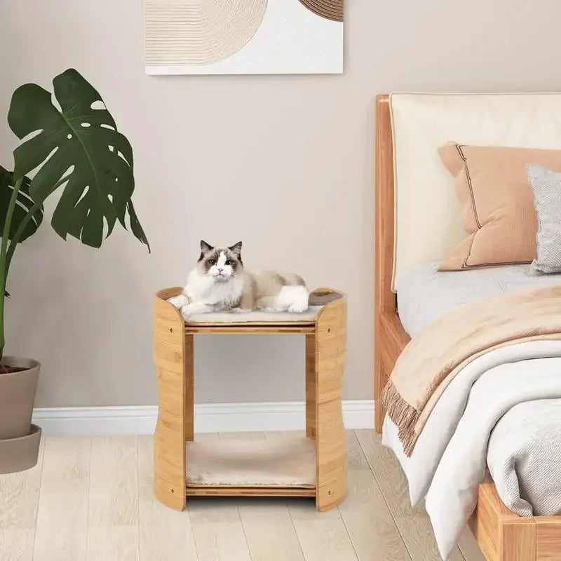2-Tier Cute Cat Furniture for Indoor Cats – Small Beige Cat Tower with Natural Bamboo Frame & Cozy Perches.