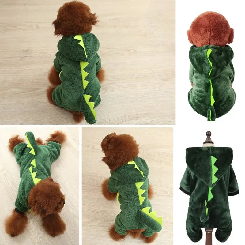 Autumn & Winter Coral Velvet Dog Outfit – Thick Warm Dinosaur or Cow Costume for Small Dogs & Puppies