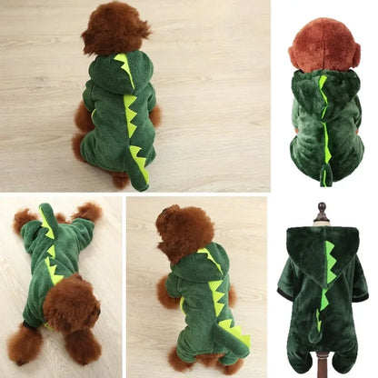 Autumn & Winter Coral Velvet Dog Outfit – Thick Warm Dinosaur or Cow Costume for Small Dogs & Puppies