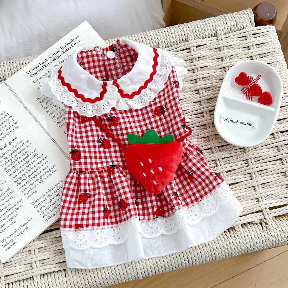 Strawberry Plaid Pet Dress – Cute Summer & Spring Outfit for Female Dogs, Puppies & Cats, Lightweight Clothing for Small & Medium Pets.
