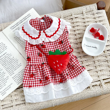 Strawberry Plaid Pet Dress – Cute Summer & Spring Outfit for Female Dogs, Puppies & Cats, Lightweight Clothing for Small & Medium Pets.