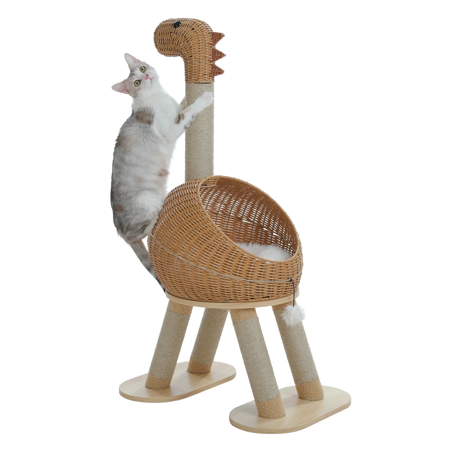 Dinosaur Cat Tree Tower – Large Indoor Cat Condo with Sisal Scratching Posts, Rattan Wicker Bed, Removable Mat & Interactive Cat Toys.