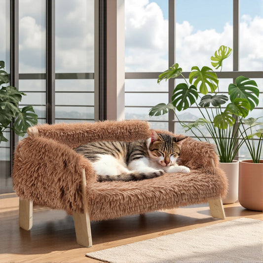 Large Plush Cat Sofa Bed – Soft Raised Cat Couch with Sturdy Wooden Legs for Indoor Cats & Kittens.