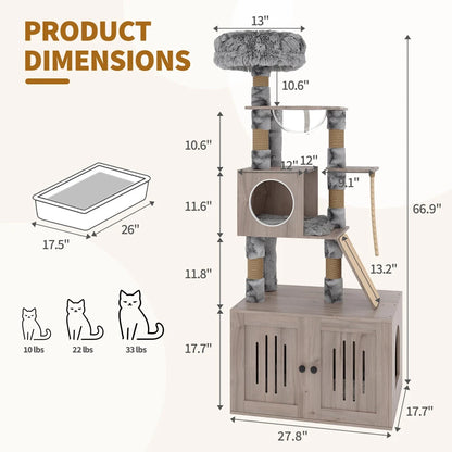 66.9-Inch Modern Cat Tree with Litter Box Enclosure – Multi-Layer Cat Tower with Storage Cabinet & Sisal Scratching Posts for Indoor Cats.