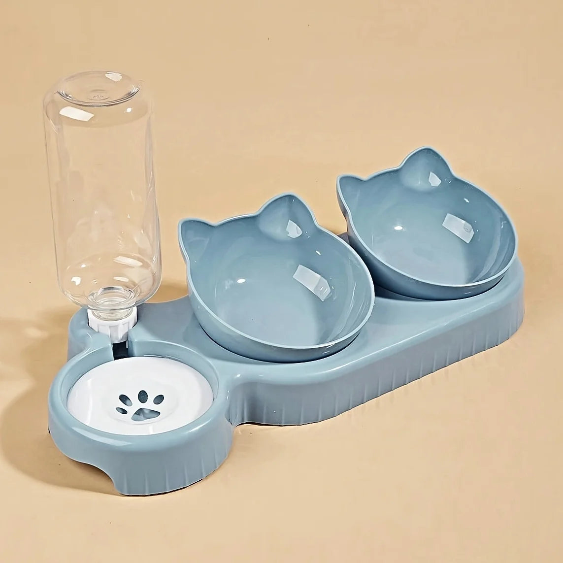 3-in-1 Tilted Pet Bowl Set – Cat Food & Water Feeder with Gravity Water Bottle, Ear-Shaped Design for Comfortable Neck Protection.