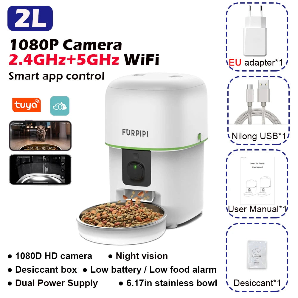 1080P HD Camera Smart Pet Feeder – 5G WiFi Automatic Kibble Dispenser with Tuya App Control for Cats & Dogs.