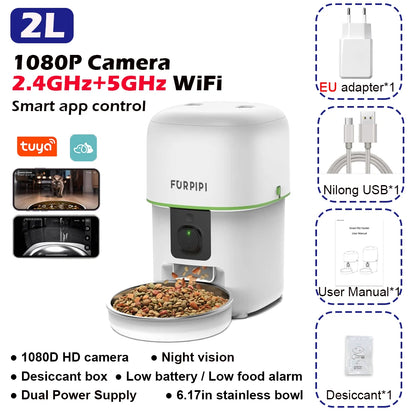 1080P HD Camera Smart Pet Feeder – 5G WiFi Automatic Kibble Dispenser with Tuya App Control for Cats & Dogs.