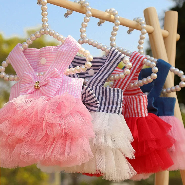 Summer Lace Dress – Cute Striped Princess Skirt Outfit for Dogs & Cats, Lightweight Puppy Fashion Apparel.
