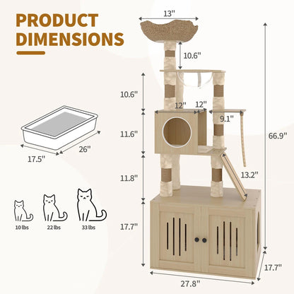 66.9-Inch Modern Cat Tree with Litter Box Enclosure – Multi-Layer Cat Tower with Storage Cabinet & Sisal Scratching Posts for Indoor Cats.