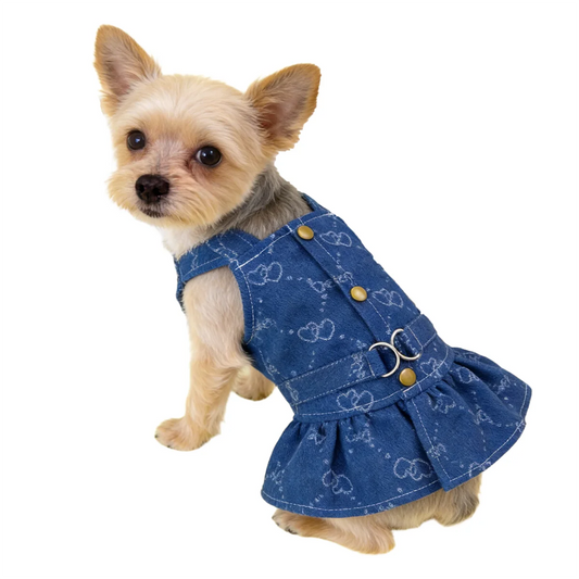 Small Dogs Clothes Designer Luxury Puppy Summer Clothes Girls Cat Dresses,Love Jeans Harness Vest Denim Dress One Piece S-XXL