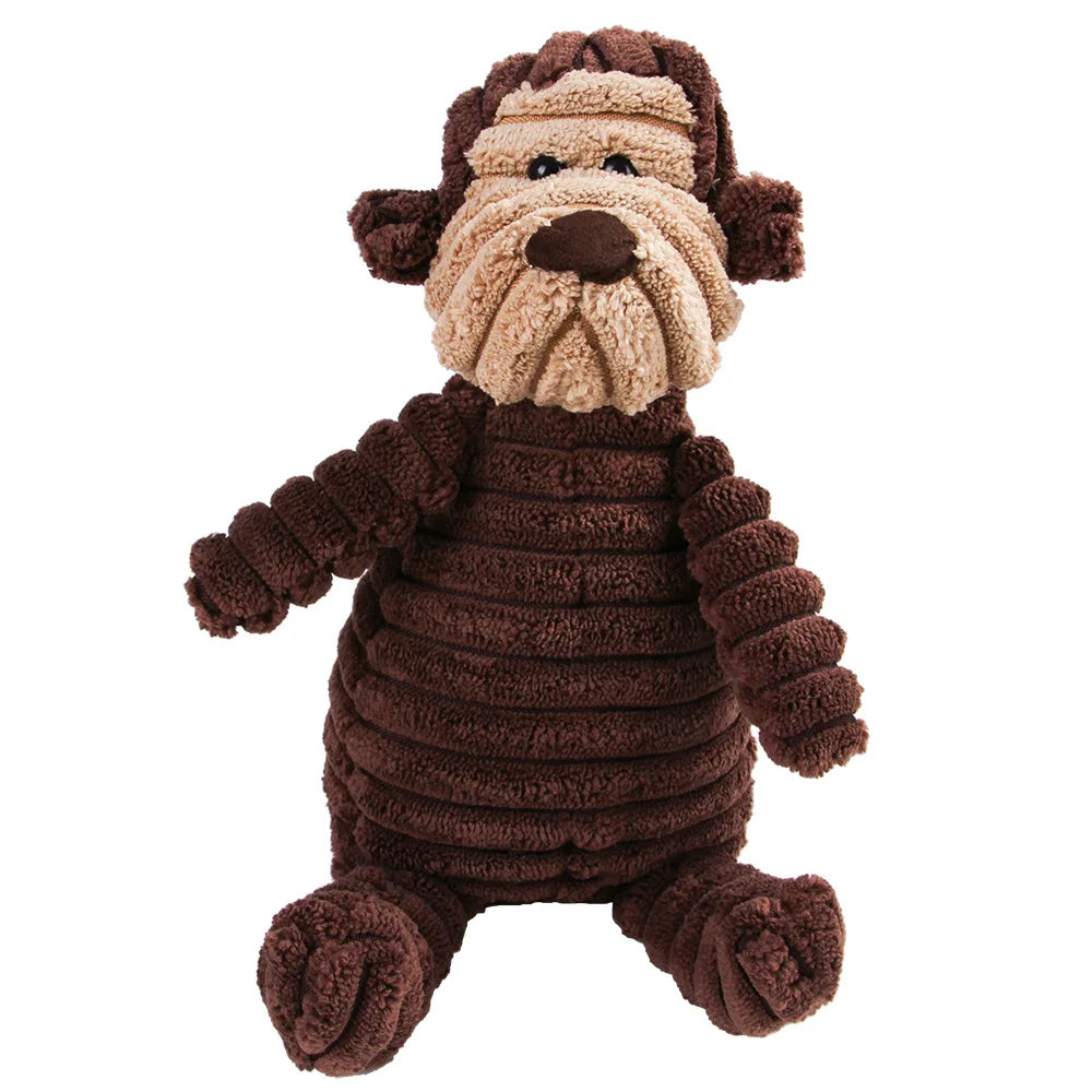 Pet Dog Molar Plush Toy – Corduroy Monkey & Pig Squeaky Chew Toy for Teeth Cleaning, Training & Interactive Play for Large Dogs.