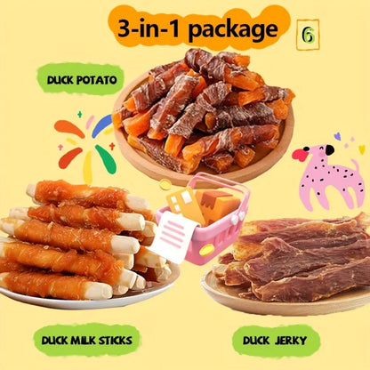Mixed Flavor Dog Treat Variety Pack (1–1.2 lb), Cheese Duck Jerky, Chicken Milk Jerky & Duck Jerky, High-Protein, Low-Fat, Long-Lasting Chews for Training Rewards.