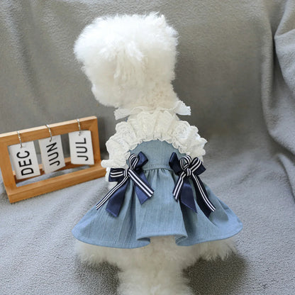 Sea Breeze Denim Pet Dress – Summer Blue Outfit for Dogs & Cats, Lightweight Anti-Hair Loss Fashion Clothing.