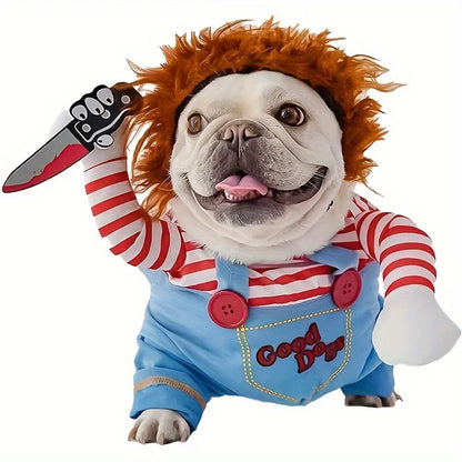 Halloween Bloody Doll Dog Costume with Wig & Knife – Funny Pet Outfit for Holiday Parties.