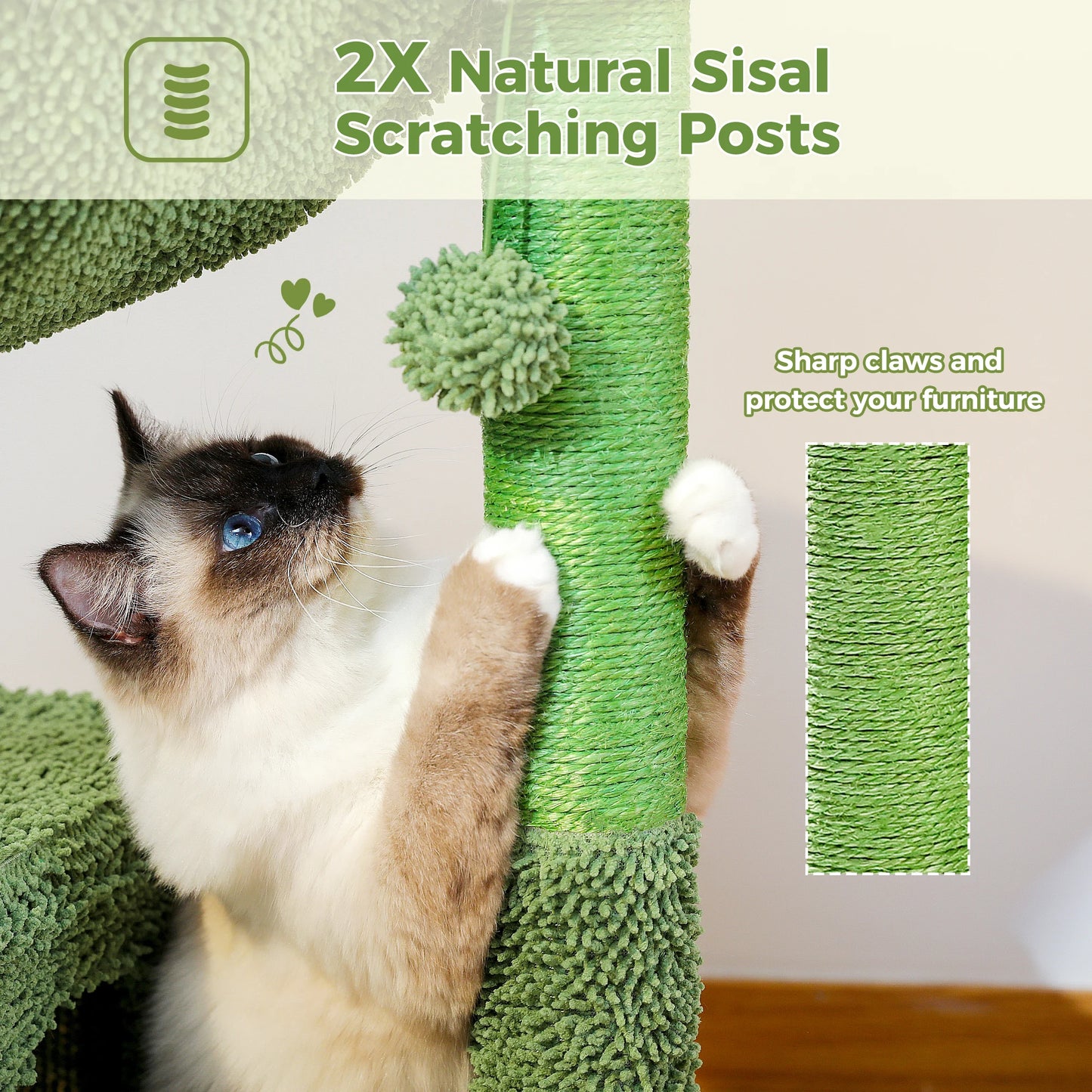 Cactus Cat Tree with Large Condo & Hammock – Small Indoor Cat Tower with Scratching Posts, Dangling Ball Toy & Fun Cat Activity Center.