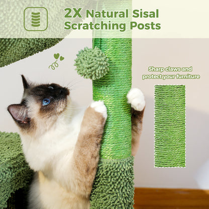 Cactus Cat Tree with Large Condo & Hammock – Small Indoor Cat Tower with Scratching Posts, Dangling Ball Toy & Fun Cat Activity Center.