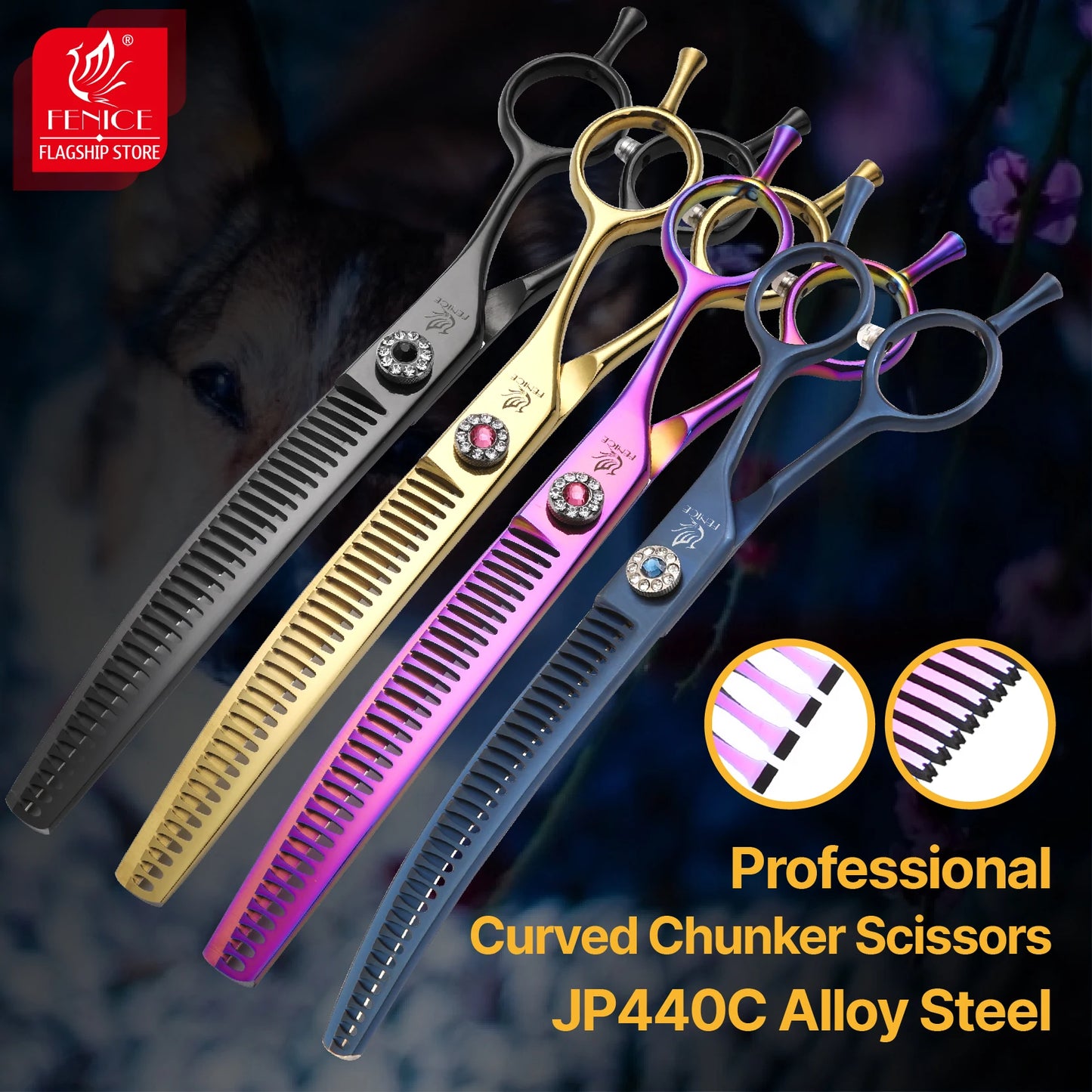 Fenice JP440C Professional Pet Grooming Scissors – 7-Inch Curved Thinning & Chunker Shears for Precision Dog Grooming.