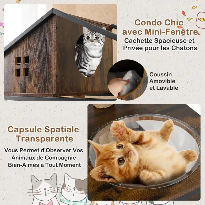 Industrial Cat Tree with Litter Box Enclosure – Multi-Level Cat Condo Furniture with Scratching Posts for Indoor Cats, Rustic Brown.