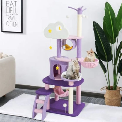 Cute 65-Inch Cat Tower – Large Pink & Purple Cloud-Themed Cat Tree Castle Condo Mansion for Indoor Cats.