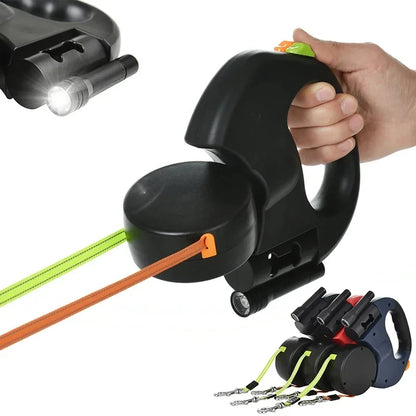 Auto Retractable Double Dog Leash – 3M Dual Traction Rope with LED Flashlight, Waste Bag Holder & 360° Tangle-Free Design for Pets.