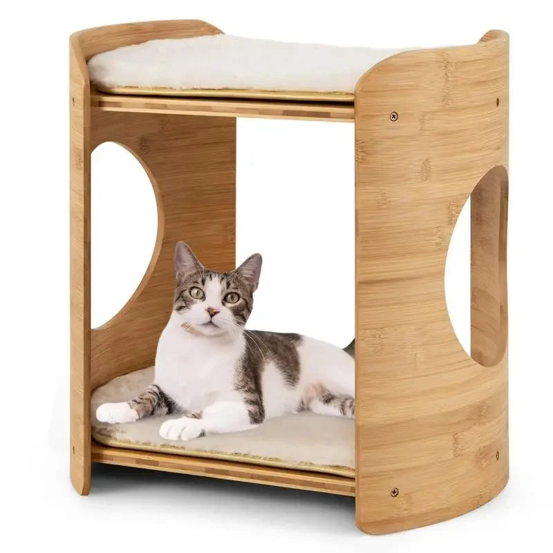 2-Tier Cute Cat Furniture for Indoor Cats – Small Beige Cat Tower with Natural Bamboo Frame & Cozy Perches.