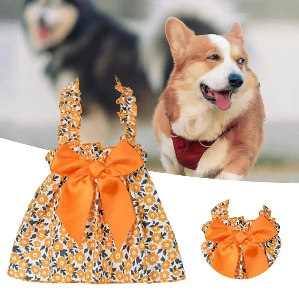 Breathable Cat Summer Dress – Orange Floral Skirt with Soft Bowtie & Elastic T-Shirt Design for Kittens and Small Pets.