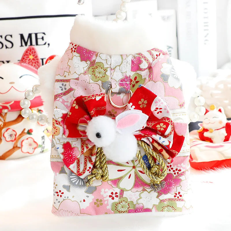 Princess Cherry Blossom Kimono Dress for Dogs & Cats – Romantic Cotton-Padded Pet Outfit for Small Dogs, Teddy Breeds & Cats.