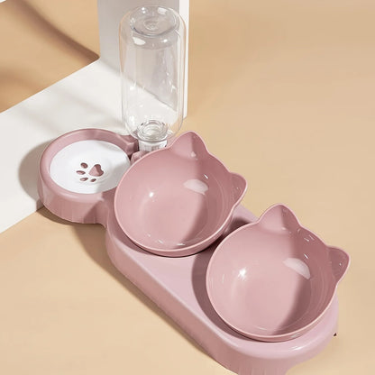 3-in-1 Tilted Pet Bowl Set – Cat Food & Water Feeder with Gravity Water Bottle, Ear-Shaped Design for Comfortable Neck Protection.