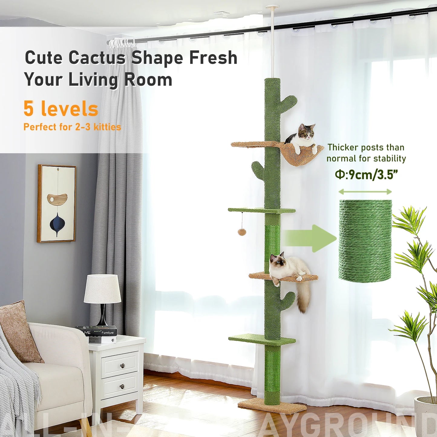 5-Tier Floor-to-Ceiling Cat Tree – Cactus-Themed Tall Cat Tower with Scratching Posts, Hammock & Dangling Ball for Indoor Cats.