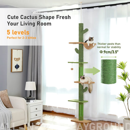 5-Tier Floor-to-Ceiling Cat Tree – Cactus-Themed Tall Cat Tower with Scratching Posts, Hammock & Dangling Ball for Indoor Cats.