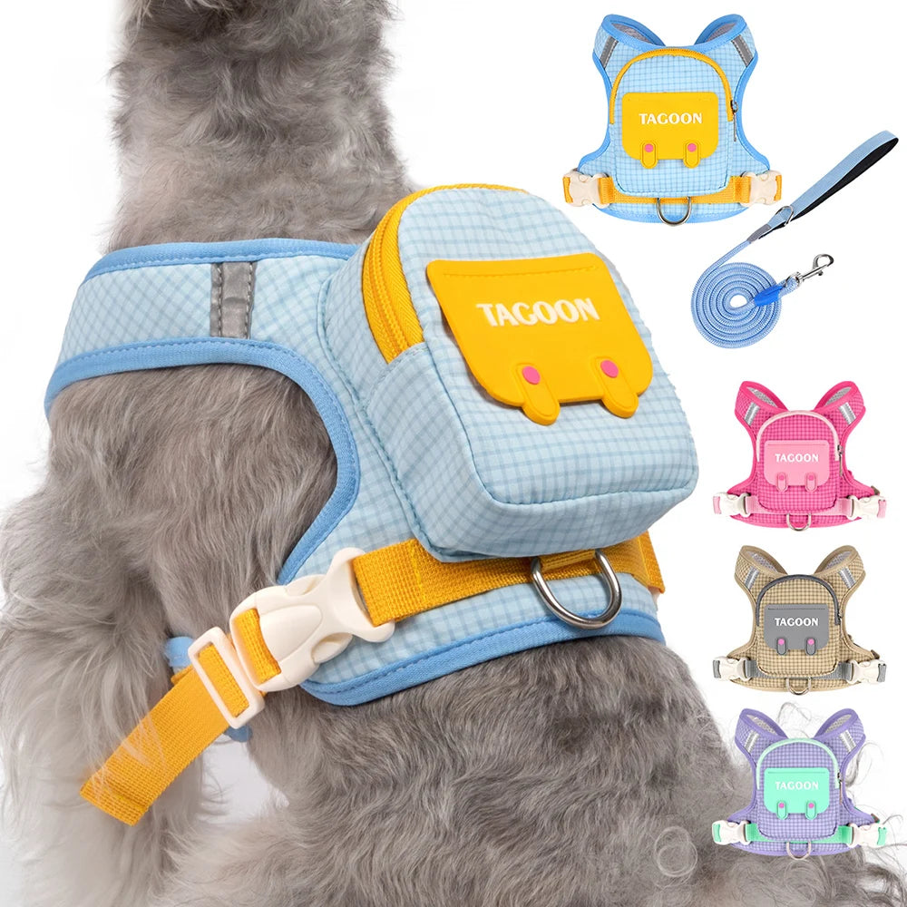 Adjustable Dog & Cat Harness and Leash Set – Reflective Pet Vest with Backpack for Comfortable Walking