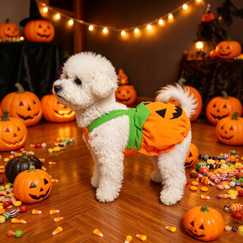 Adjustable Halloween Pumpkin Overall Costume – Washable Trick-or-Treat Outfit for Small Dogs & Cats.