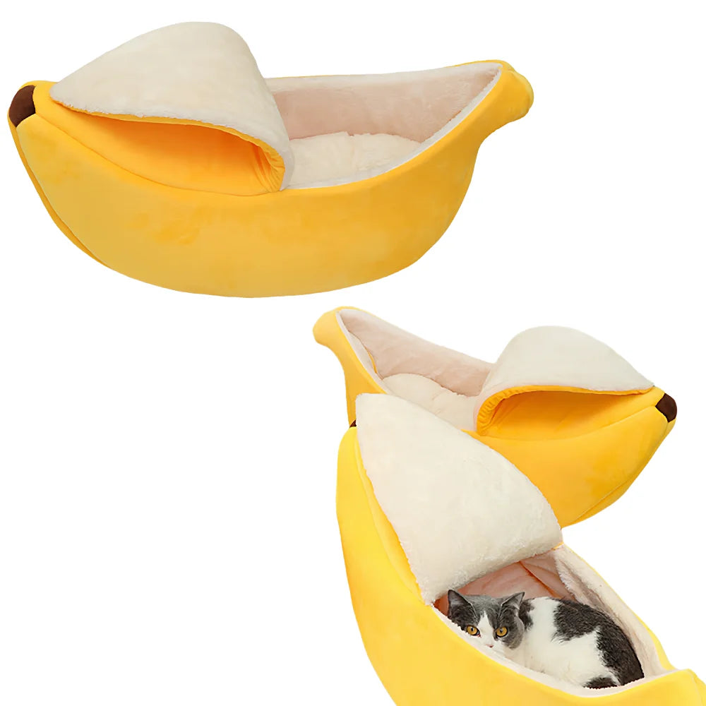 Banana-Shaped Covered Pet Bed for Cats and Small Dogs, Cozy 4-Season Sleeping Nest.