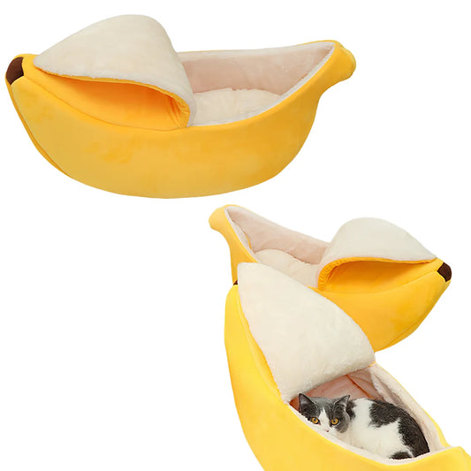 Banana-Shaped Covered Pet Bed for Cats and Small Dogs, Cozy 4-Season Sleeping Nest.